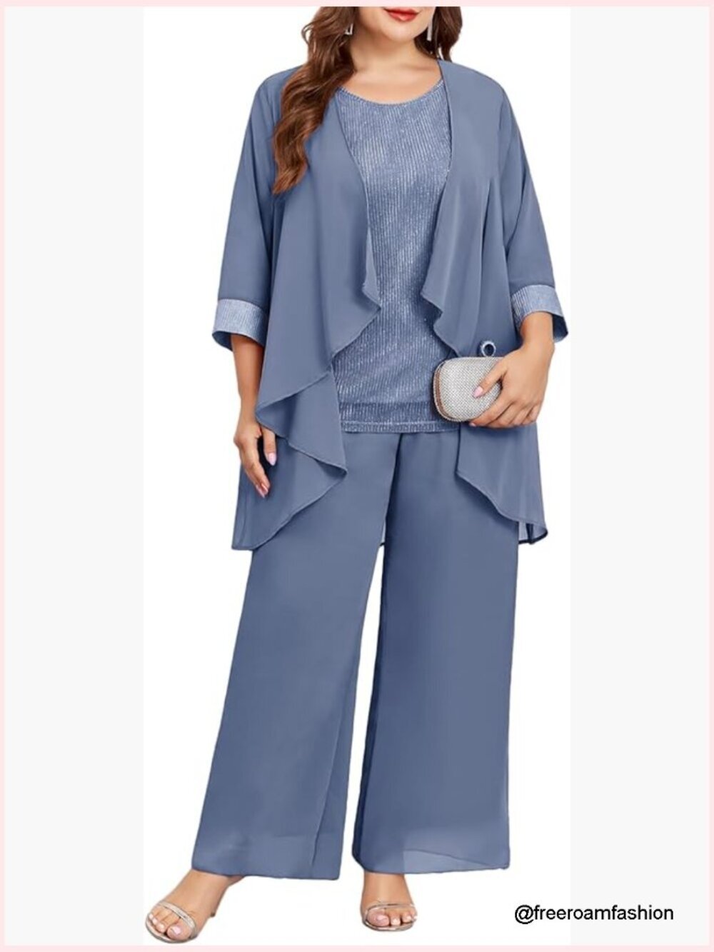 Plus Size 3 Piece Formal Pantsuit with Chiffon Jacket Wedding Cocktail Outfit